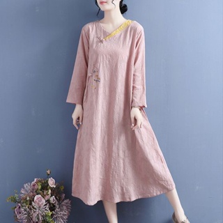 棉麻洋裝女夏季中國風復古刺繡中長款斜襟盤扣茶服