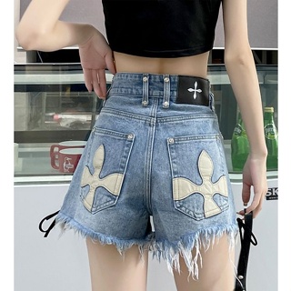 韓版女裝十字架高腰牛仔短褲大尺碼胖mm夏季寬鬆闊腿熱褲