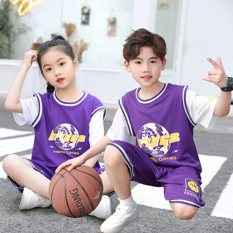 100-170CM 兒童籃球服 短袖+短褲兩件套 韓版男女童假兩件休閒運動套裝  現貨 快速出貨