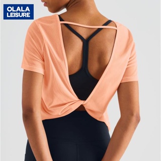 Olala 新款圓領運動T恤網紗短袖女 透氣彈性速乾美背罩衫露背上衣 TJ1404TX