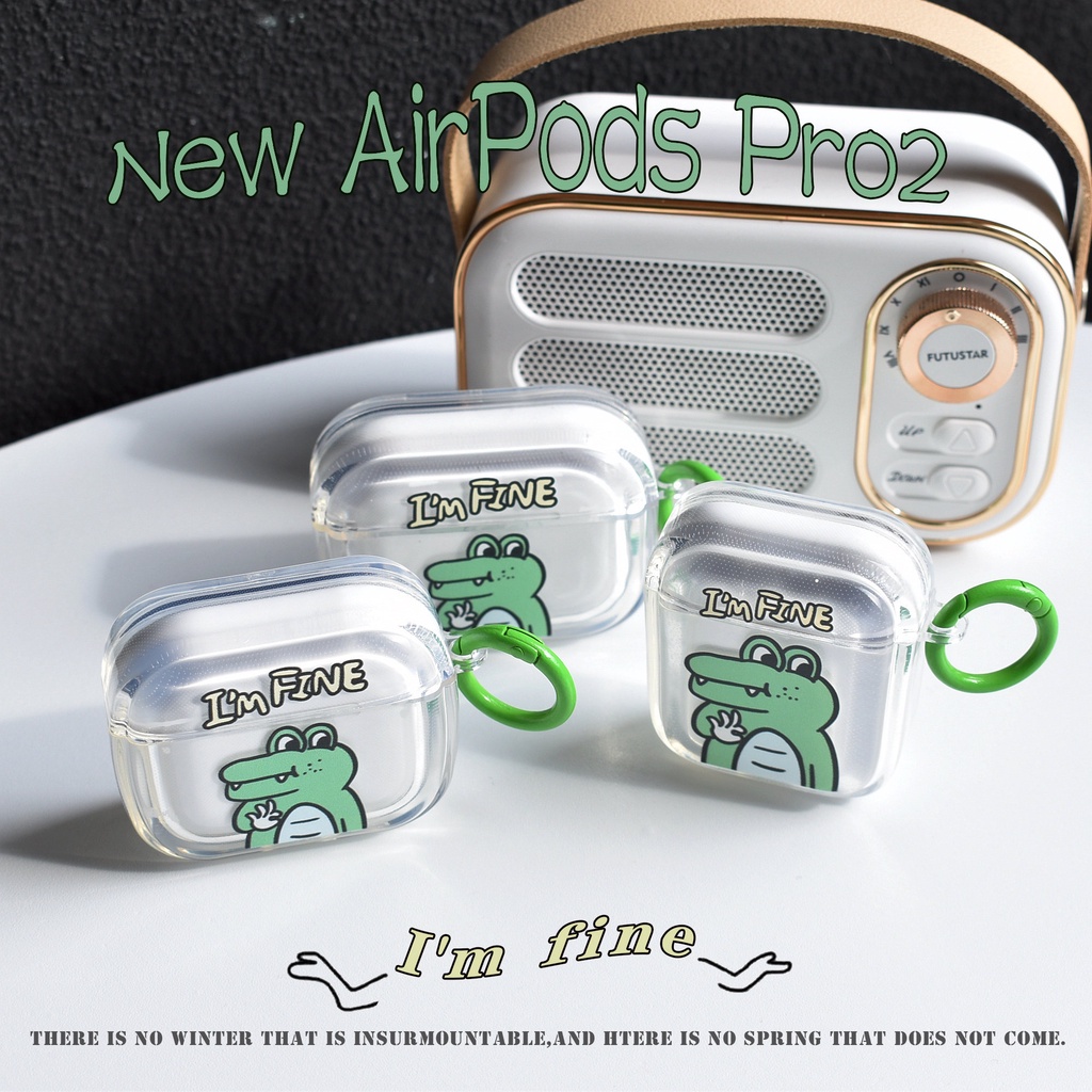AirPods系列保護套 可愛綠色恐龍I'm fine氣墊耳機保護殼適用於新款AirPods Pro2代保護套