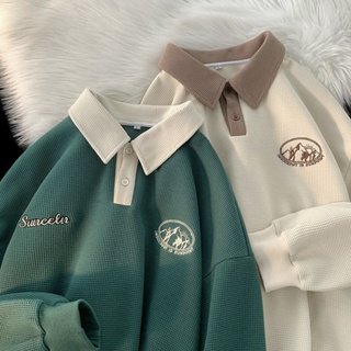 YIMO復古華夫格長袖大學T 美式Vintage寬鬆設計感polo外套