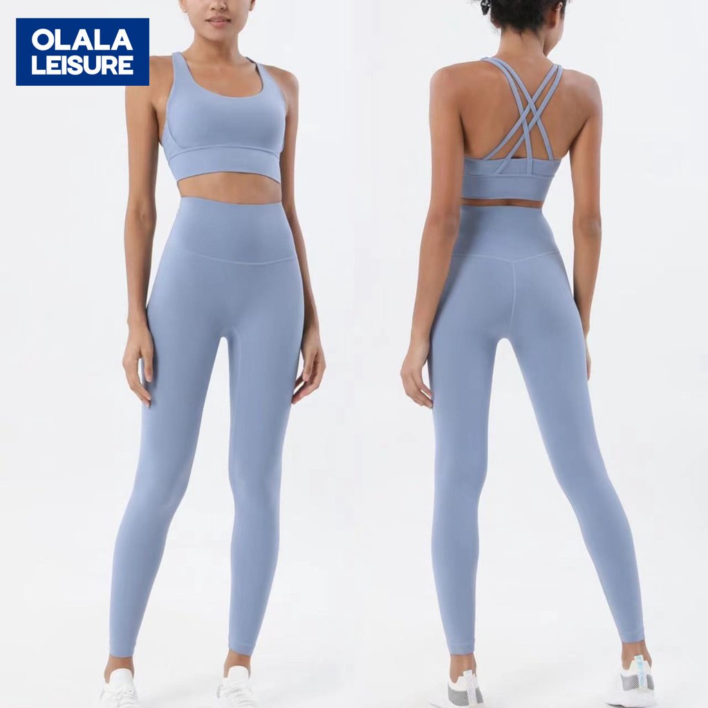 OLALA LEISURE 裸感高彈透氣塑形健身褲戶外兩件套運動內衣瑜伽服套裝女