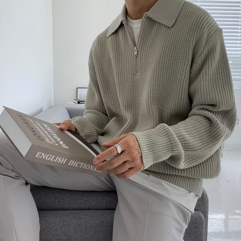 【M-3XL】韓版Polo領毛衣男士寬鬆半拉鍊長袖針織衫