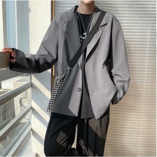 【M-2XL】灰色兩粒單排扣西裝外套男士寬鬆韓版秋季西裝上衣
