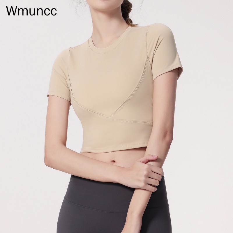 Wmuncc 瑜伽運動健身跑步上衣女含胸墊短袖露肚速乾T恤