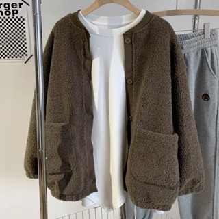 LL45.韓版羔羊毛長袖大學T 學院風素色大學T外套 秋季復古休閒寬鬆上衣