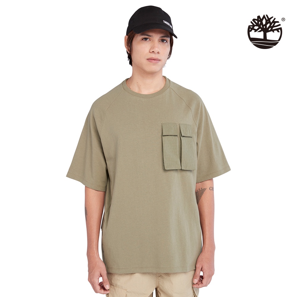 Timberland 男款灰綠色混合材質工裝短袖T恤|A6Q9W590