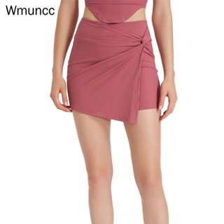 Wmuncc 假兩件式高腰運動褲女羅紋扭結跑步健身健身房瑜伽短褲時尚網球裙