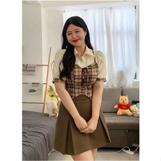佰分佰/100kg內可穿/不規則格子綁帶短袖襯衫+A字短裙/兩件式套裝/別致短袖上衣/大尺碼