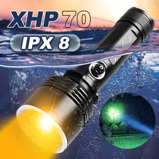 全新專業水肺潛水手電筒 3 模式大功率可充電 XHP70 Led 潛水手電筒黃白光水下燈