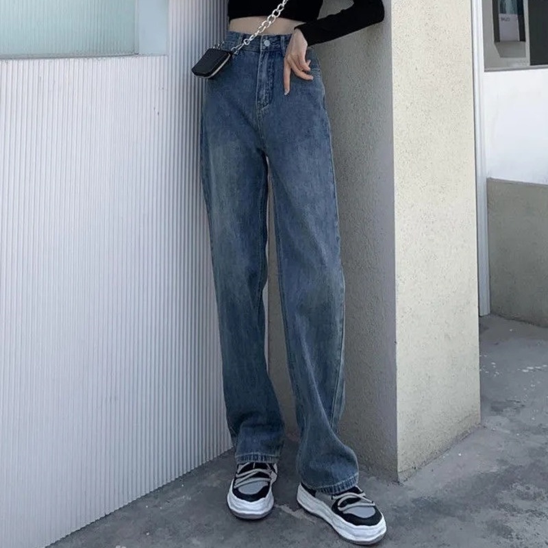 韓版牛仔寬褲 高腰復古直筒褲 時尚個性寬鬆拖地長褲女