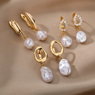 Kaijiang anting-anting 珍珠吊式耳環 18K 金厚實圈形耳環配不規則珍珠耳環女士經典吊墜珍珠復古優