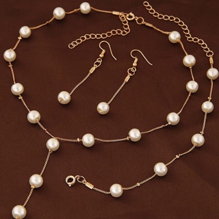 珍珠項鍊套裝 針織耳飾 甜美OL優雅珍珠簡潔氣質項鍊 套裝批發