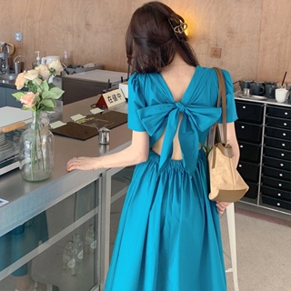 #323 韓版泡泡袖後背鏤空蝴蝶結夏季新款純欲洋裝