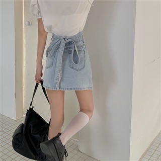 【HOSS】辣妹綁帶a字牛仔半身短裙女2023夏季新款小個子設計感包臀裙子