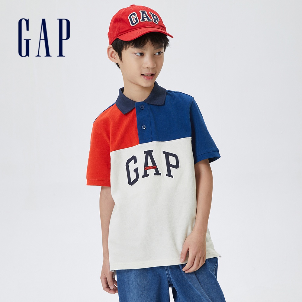 Gap 男童裝 Logo撞色拼接短袖POLO衫-白色拼接(607217)