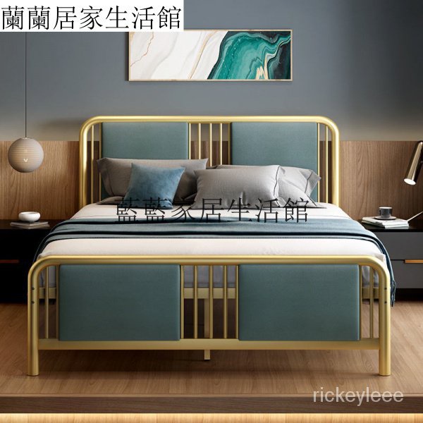 新款上市 現代簡約輕奢 新中式鐵藝床 1.2米 1.8米 金色軟靠鐵床架 金屬雙人鐵床加厚加固 网红床