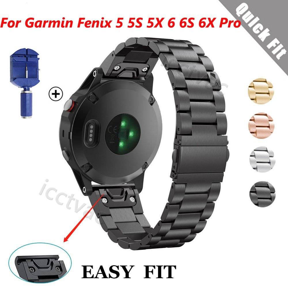 【現貨】Garmin金屬不銹鋼錶帶Fenix 6S 6X 6 Pro 5S 5S 3HR 快拆 純色三珠鍊式 平扣鋼帶