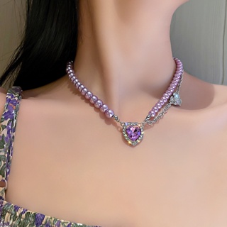 Love 紫水晶優雅珍珠鎖骨項鍊女士設計配飾