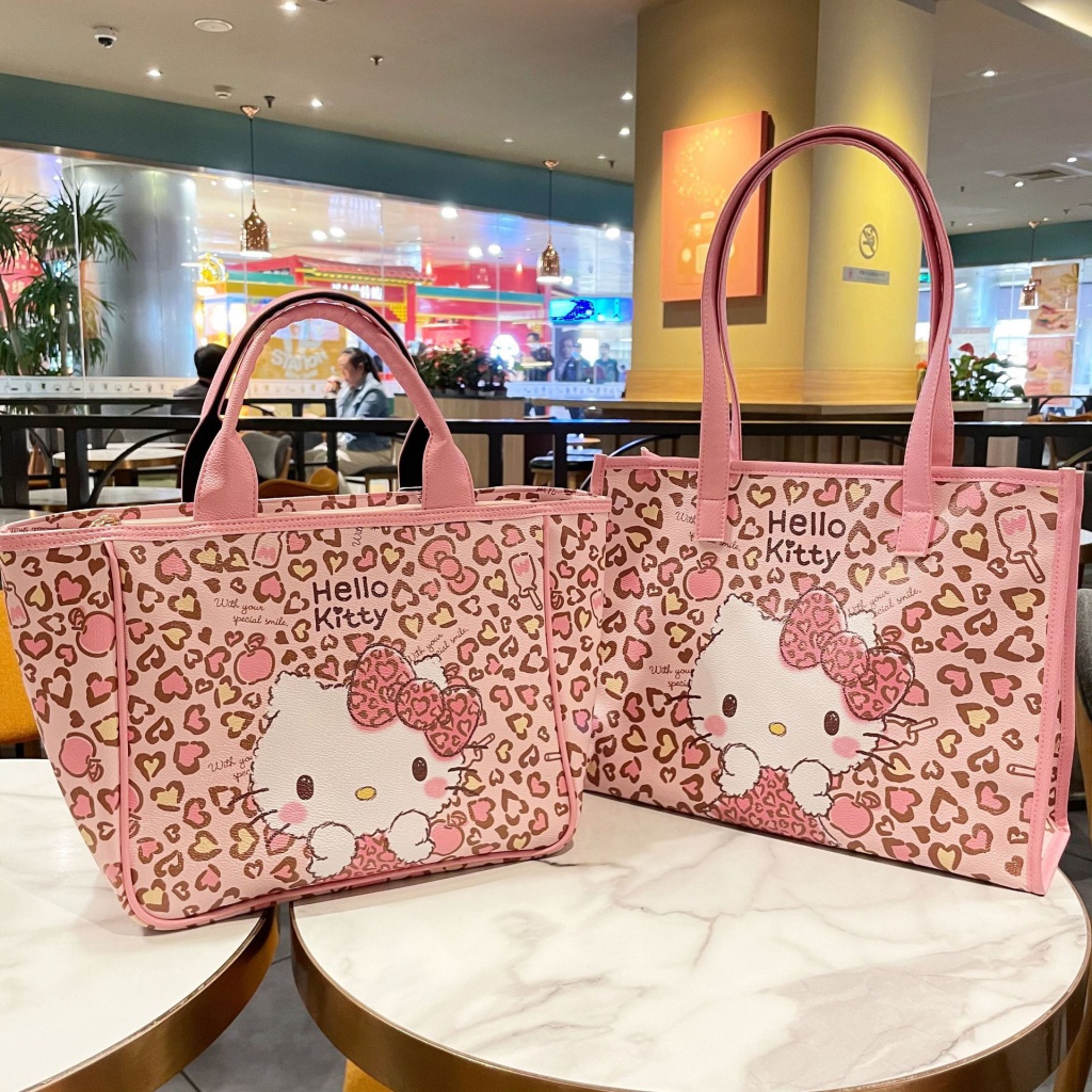 粉色豹紋 Hello Kitty Pu 手提包單肩包心形耳環女孩大容量通勤媽咪包