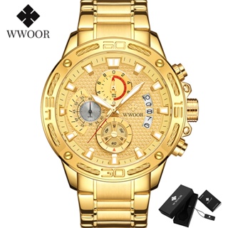 Wwoor 品牌金色男士豪華手錶運動計時石英手錶防水夜光日期男時鐘