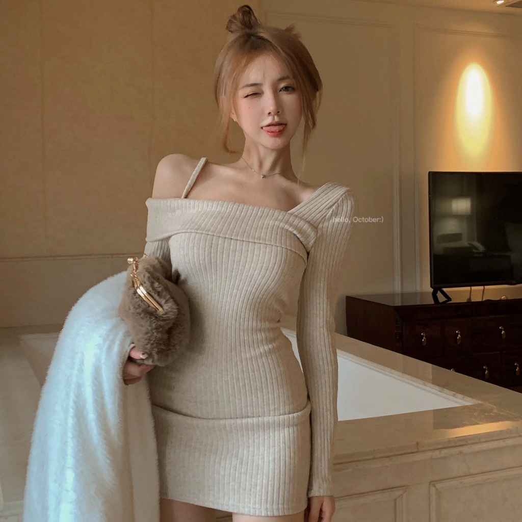 韓版性感辣妹緊身彈力素色一字領露肩長袖包臀洋裝女