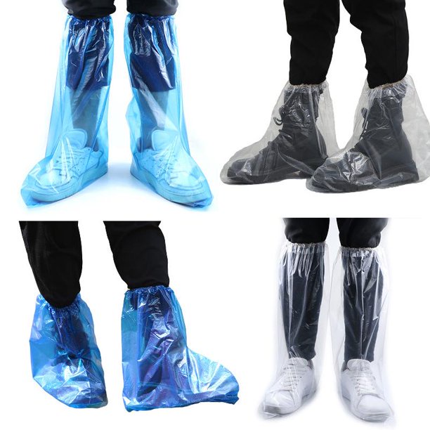 10 件/5 雙一次性鞋套藍色雨鞋和靴套塑料長鞋套透明防水防滑套鞋女士男士水靴套雨天使用套