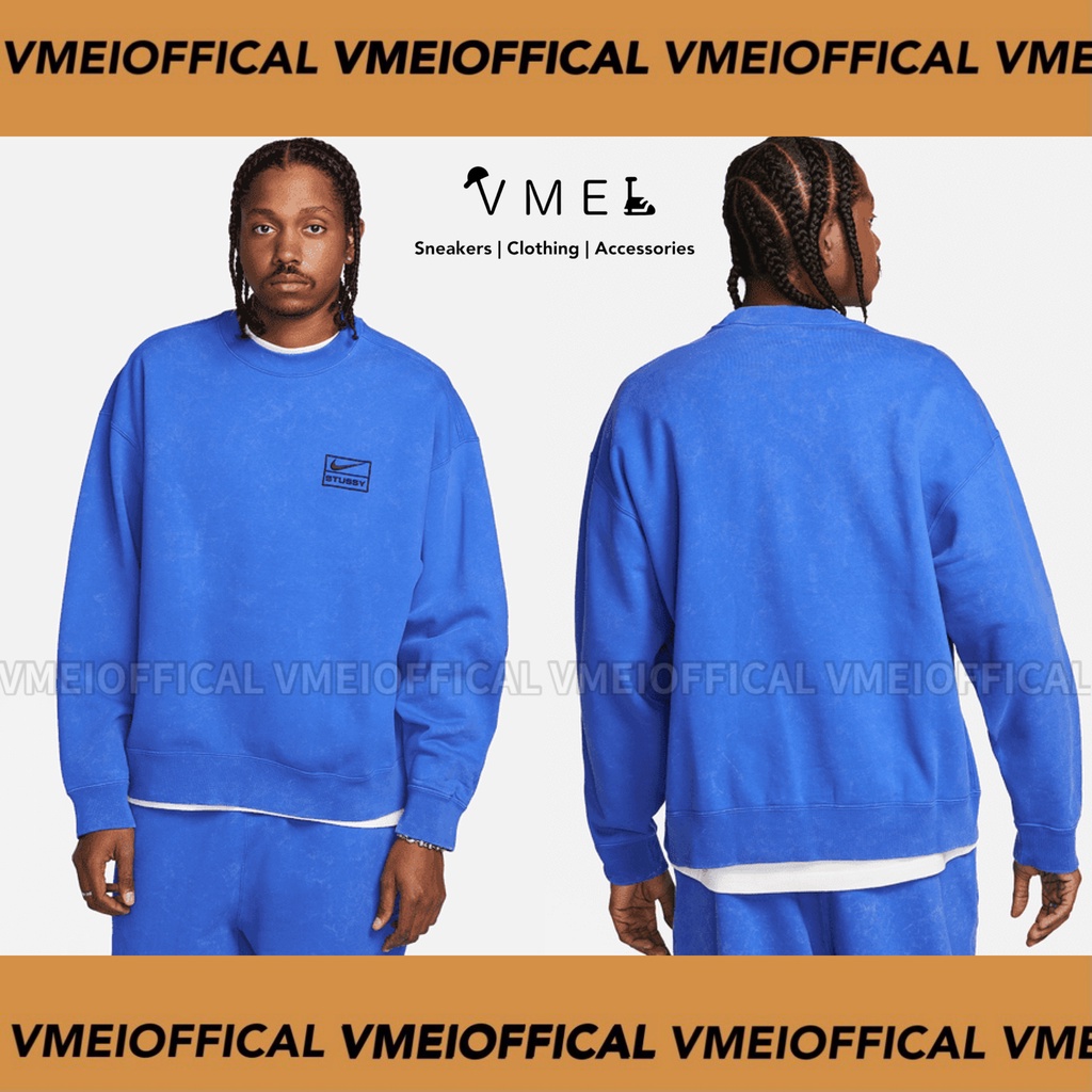 【VMEI】Nike x Stussy Fleece 仿舊水洗大學T 圓領上衣 藍