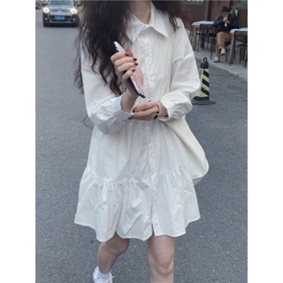 韓版白色長袖洋裝 時尚寬鬆襯衫裙女