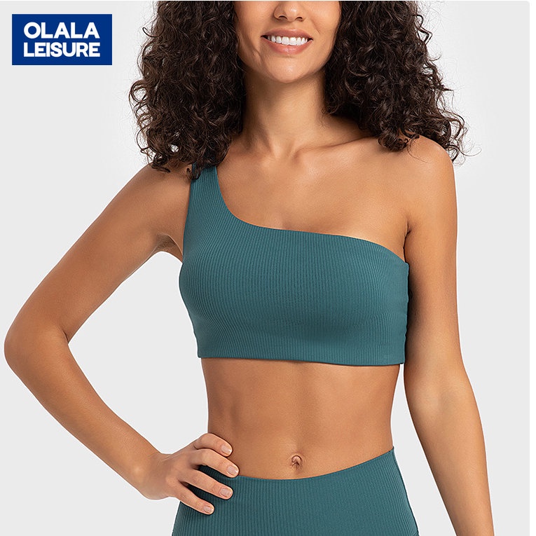 OLALA新款水滴型鏤空美背健身運動內衣 羅紋時尚外搭單肩帶運動內衣女