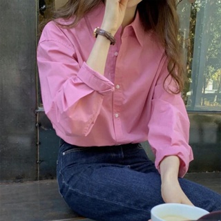 粉色長袖襯衫 韓版素色翻領襯衫 氣質款簡約打底上衣女