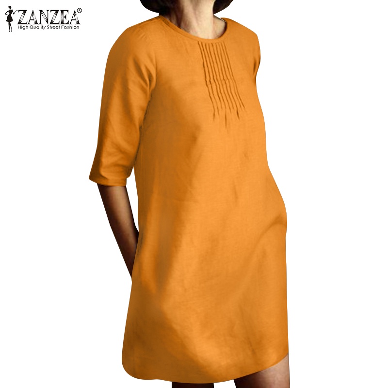 Zanzea 女式歐洲日常簡約純色 O 領半袖連衣裙