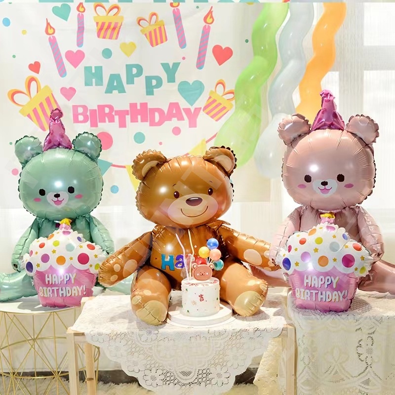 超大3d生日蛋糕熊箔氣球氦氣球充氣兒童生日派對裝飾
