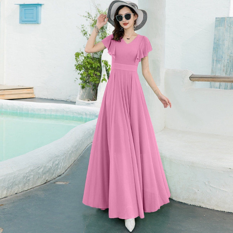 大尺碼粉紅色及裸長洋 雪紡洋裝 素色長款大擺洋裝 沙灘裙子