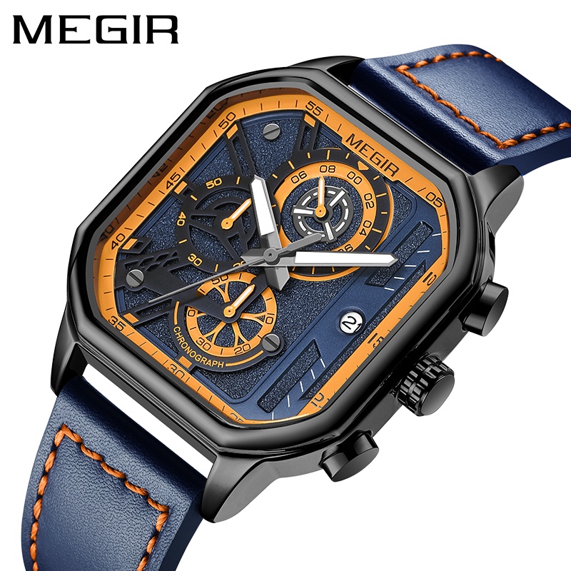 全新頂級品牌運動手錶男士商務時尚方形皮革石英手錶男計時防水時鐘 MEGIR 8106
