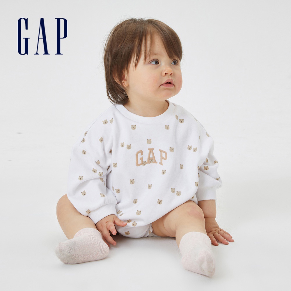 Gap 嬰兒裝 Logo寬鬆長袖包屁衣-小熊滿印(591736)