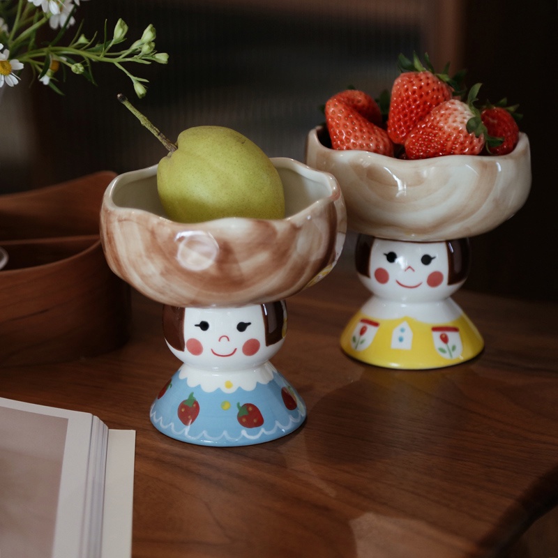 ZERO 嚴選.日本可愛手繪陶瓷娃娃不規則感立體水果零食花瓣甜品碗#預購#超商請聊聊我