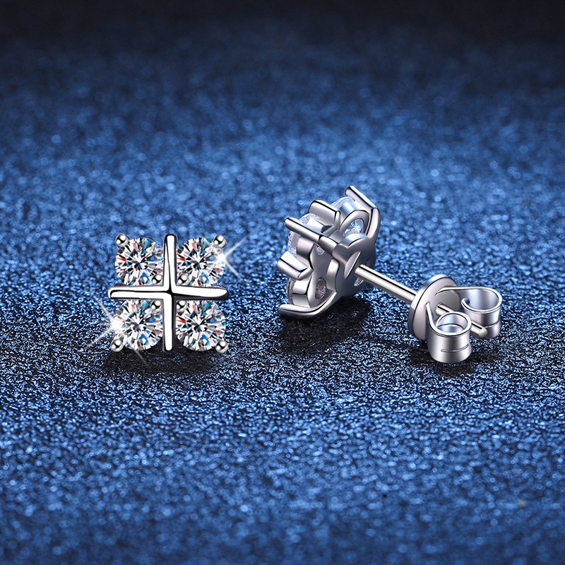 人工鑽石莫桑石（4mm*4*2）耳環 女 925銀  耳環 D色莫桑石 可過測鑽筆 經典交叉耳環
