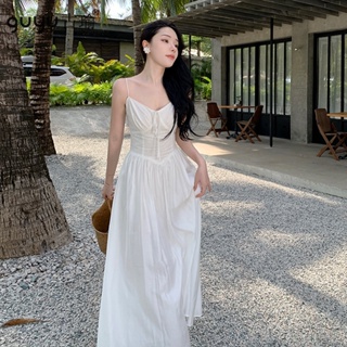 度假洋裝2023新款夏季純欲風米白色仙女吊帶長洋裝收腰大擺長裙宴會禮服婚禮洋裝