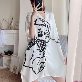 【臺出免運】睡裙女夏冰絲短袖韓版甜美可愛學生仿性感睡衣中長款可外穿襯衫裙 冰絲 純棉睡衣 睡裙 家居服