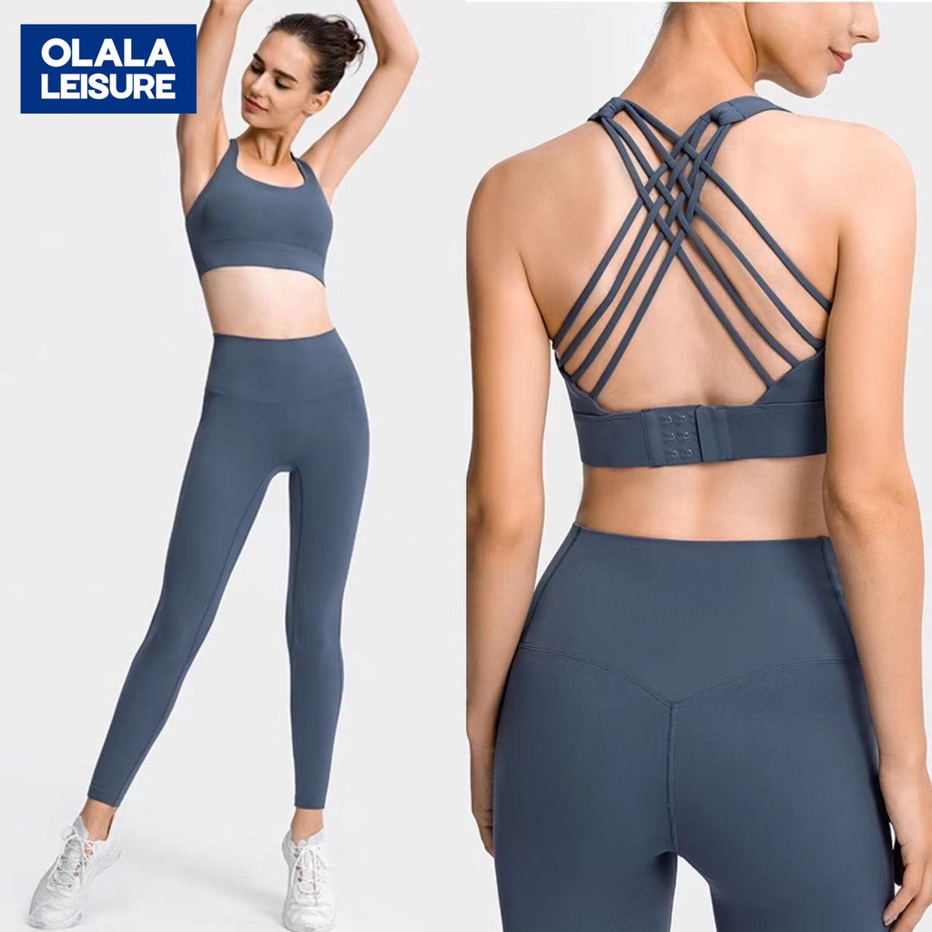 OLALA新款時尚套裝三排搭扣交叉美背運動內衣+無尷尬線裸感高彈塑形緊身顯瘦運動緊身褲