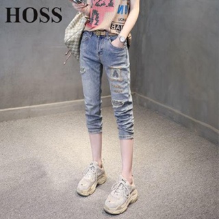 【HOSS】破洞七分牛仔褲女裝夏季新款藍色鉛筆褲子女生韓版夏天薄款顯瘦百搭中褲潮褲