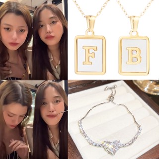 字母項鍊Freenbecky泰劇粉紅理論心形鋯石手鍊不銹鋼方形吊墜首飾時尚配飾情侶禮物