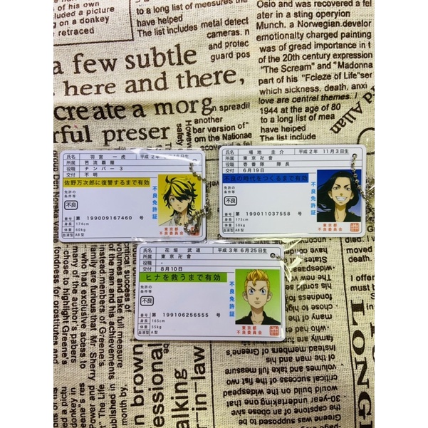 東京復仇者 東卍 場地圭介 圭介 花垣武道 武道 羽宮一虎 一虎日版吊飾 不良證 不良免許証