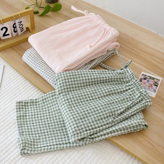 日系睡褲純棉雙層紗布小格子寬鬆女生睡衣家居服褲子春夏薄款大尺碼