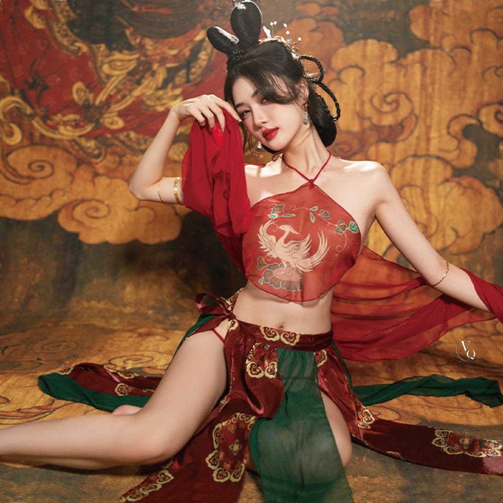 鳳凰透視唐裝 中式 中國風 紅色肚兜 情趣 改良旗袍 性感睡衣 角色扮演 變裝 表演服 D938