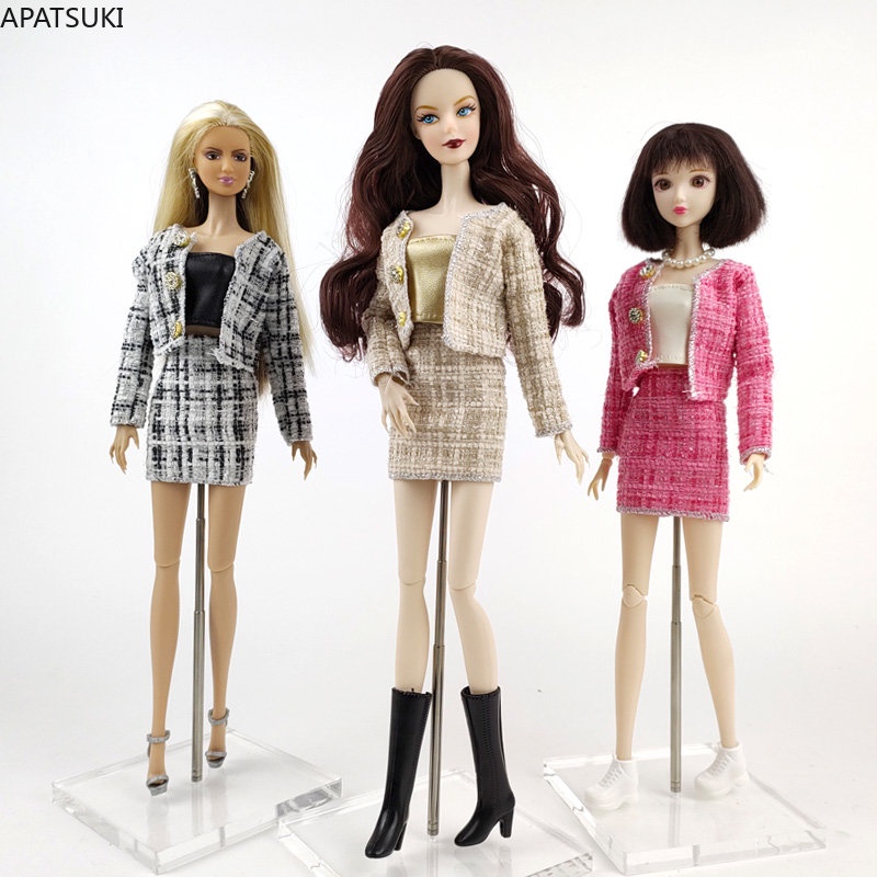 格子時尚娃娃衣服套裝適用於芭比娃娃服裝 1/6 娃娃配件芭比女士上衣裙子靴子鞋子玩具