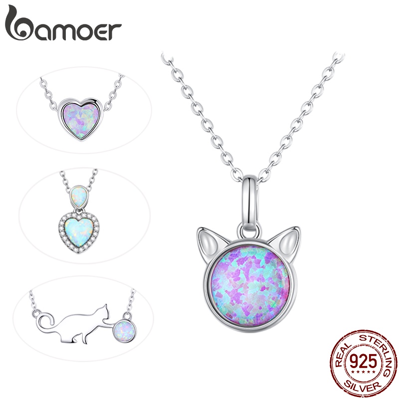 Bamoer 925 純銀蛋白石系列貓和心項鍊女士禮品時尚首飾