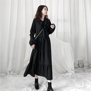 【S-2XL】法式桔梗裙女春裝新款寬鬆氣質復古小黑裙溫柔風雪紡洋裝